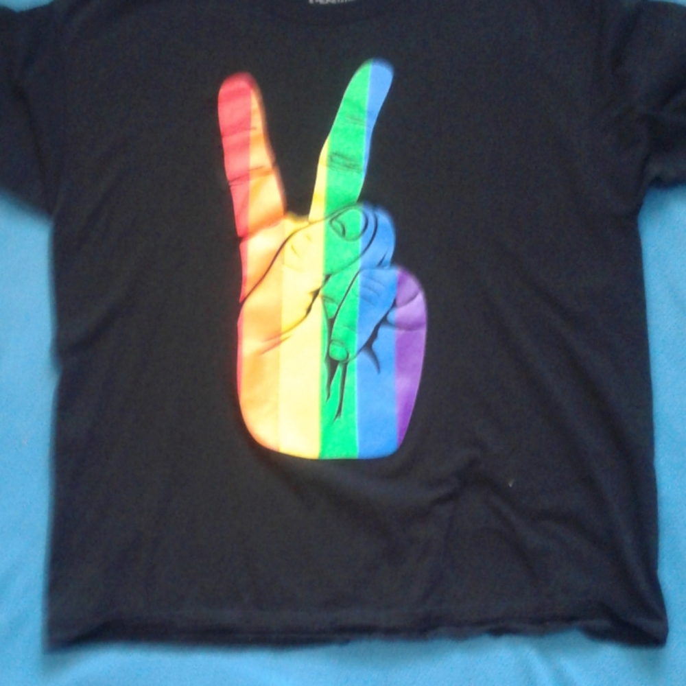 Black Tee shirt with rainbow hand in a peace sign